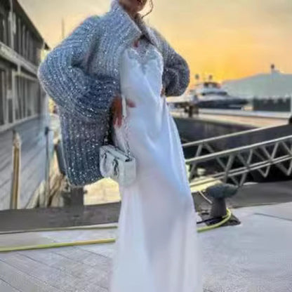 Veste pull en tricot avec paillettes de couleur unie