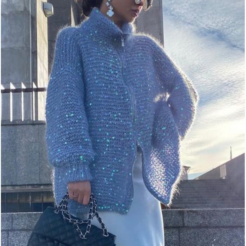 Veste pull en tricot avec paillettes de couleur unie