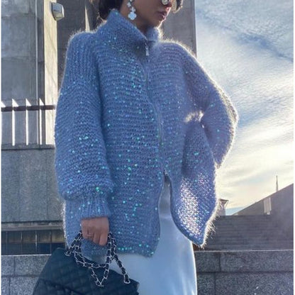 Veste pull en tricot avec paillettes de couleur unie