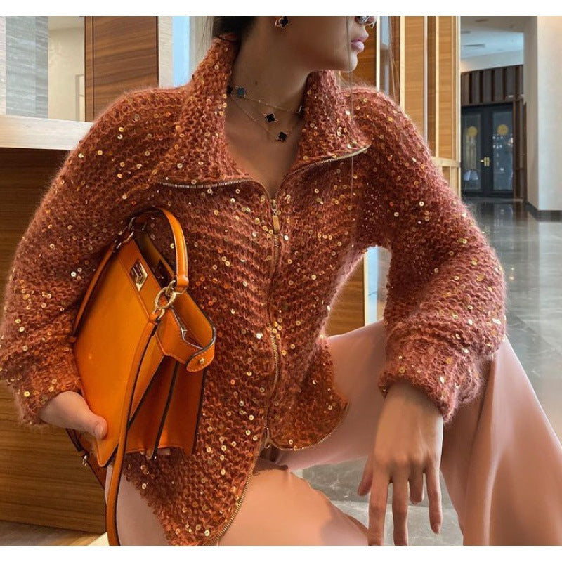 Veste pull en tricot avec paillettes de couleur unie