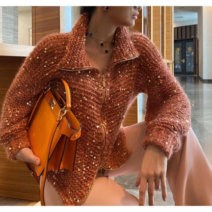 Veste pull en tricot avec paillettes de couleur unie