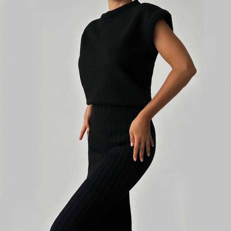 Ensemble Pull Court & Jupe Midi Côtelée