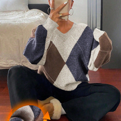 Pull ample à col ras-du-cou à manches longues à carreaux