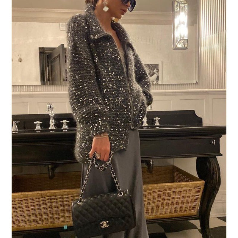 Veste pull en tricot avec paillettes de couleur unie