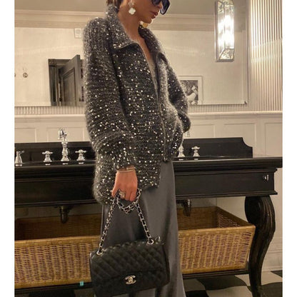 Veste pull en tricot avec paillettes de couleur unie